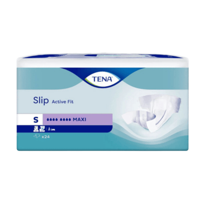 A pack of 24 TENA Slip Active Fit Maxi diapers for adults, size small, by TENA - Essity Germany GmbH. With incontinence pad and high-quality leak protection in blue-white packaging with product images and details on the front.