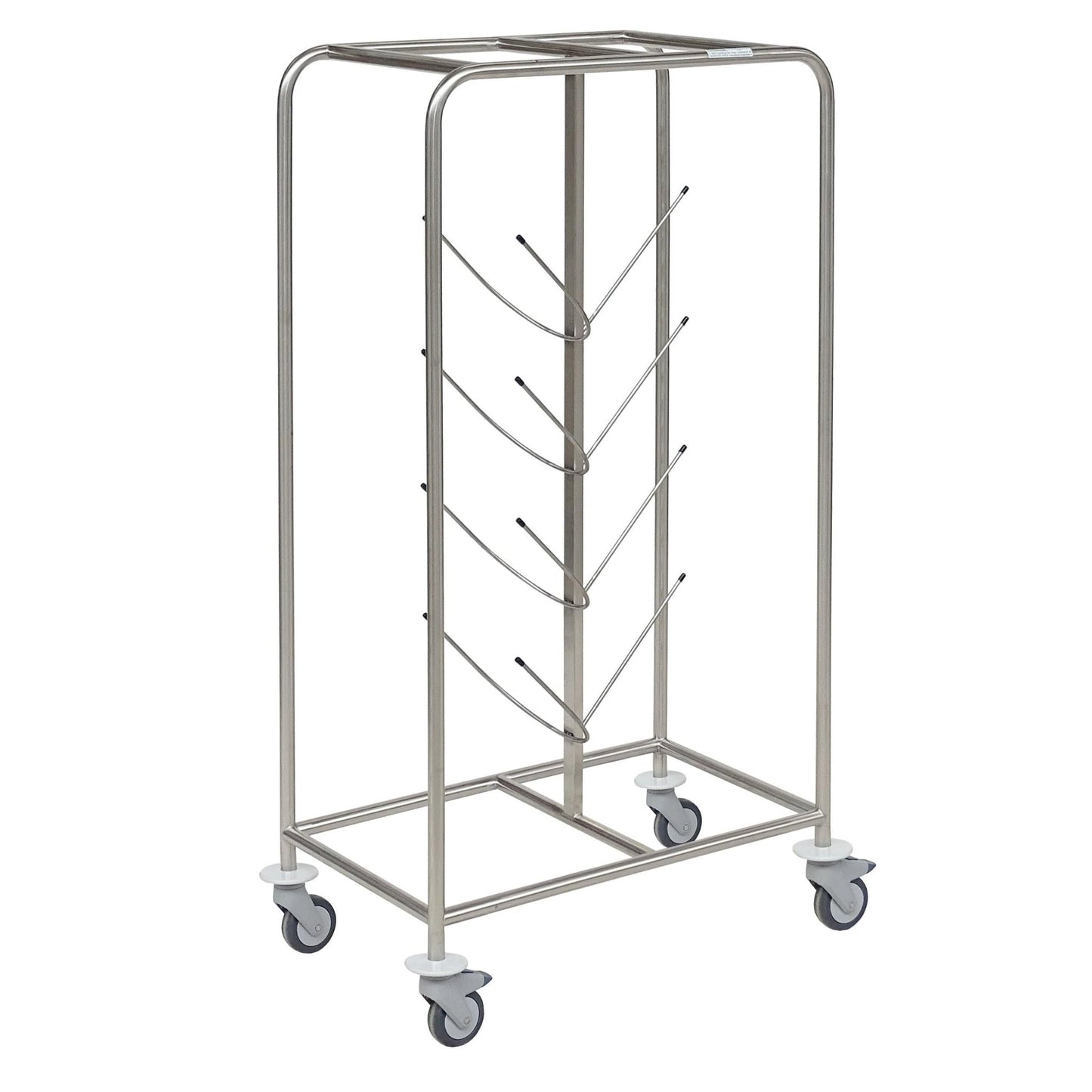 The Novocal stainless steel transport trolley provides space for 4 urine bottles and 4 bedpans, features 4 bumpers and wheels - ideal for the safe transport or drying of medical products in facilities. Package: 1 piece.