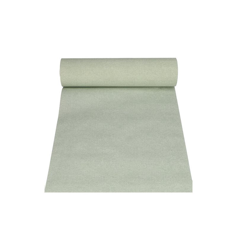 On a white background, an unrolled table runner in sage green from the ROYAL Collection of PAPSTAR GmbH with a smooth texture can be seen. The runner is partially unrolled, elegantly highlighting its length and color.