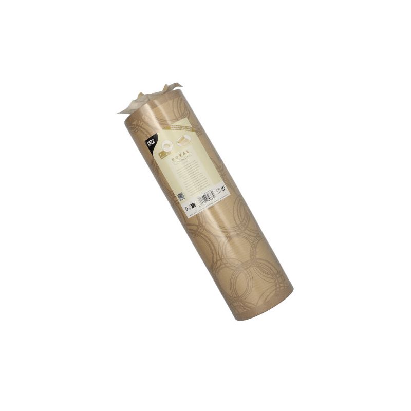 A rolled-up package of the PAPSTAR table runner fabric-like PV-Tissue Mix from the ROYAL collection features a sophisticated beige geometric pattern. The label in the center presents text and images describing the brand and product specifications of PAPSTAR GmbH. Wrapped in transparent plastic, this elegant table runner enhances spaces with its refined design.