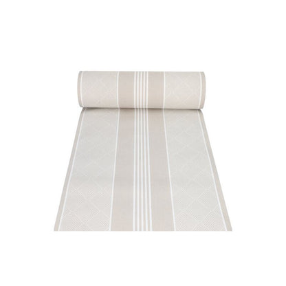 A roll from the fabric-like table runner PV-tissue mix "ROYAL Collection" of PAPSTAR GmbH in beige, adorned with a stripe and geometric diamond pattern, is partially unrolled, showcasing its elegant design. The pulp-viscose tissue mix material adds a touch of sophistication to the plain white background.