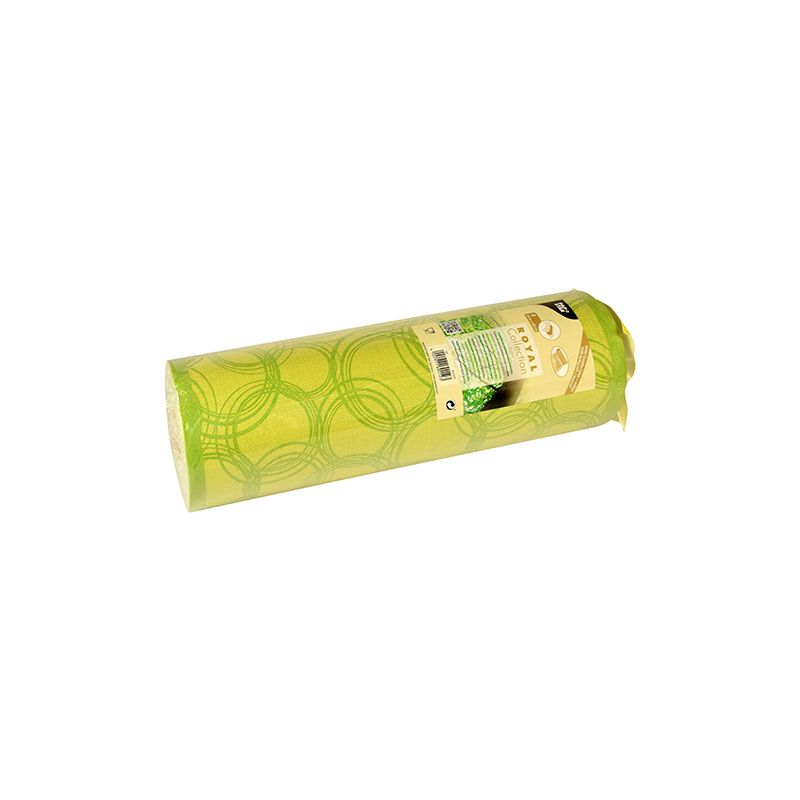 A green yoga mat is neatly rolled up and features a geometric pattern inspired by the design of the “ROYAL Collection” of PAPSTAR GmbH. It comes with a product label showing text and symbols on a beige background, reminiscent of the details of the luxurious table runner products from PAPSTAR.