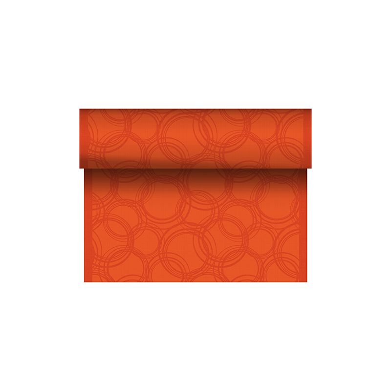 As part of the ROYAL Collection of PAPSTAR GmbH, this table runner made of PV-Tissue Mix features a bright orange background with a slightly darker, overlapping circle pattern. Its bold and modern design adds a vibrant touch to any interior.