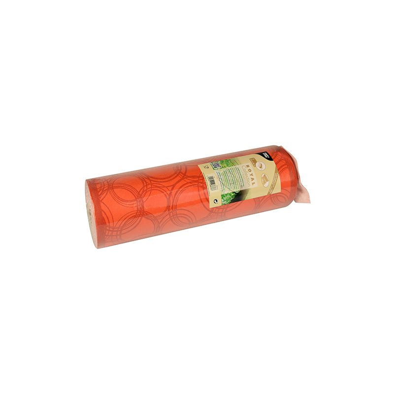A roll of red plastic mesh material with a circular pattern, wrapped in a label with product details and a barcode, originates from the PAPSTAR table runner fabric-like PV-Tissue Mix, part of the sophisticated ROYAL Collection of PAPSTAR GmbH.
