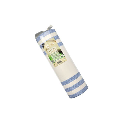 A roll of kitchen paper with blue and white stripes, equipped with a label containing product information and an environmental logo, is now part of the PAPSTAR fabric-like table runner PV-tissue mix "ROYAL Collection" of PAPSTAR GmbH in the size 24 m x 40 cm.