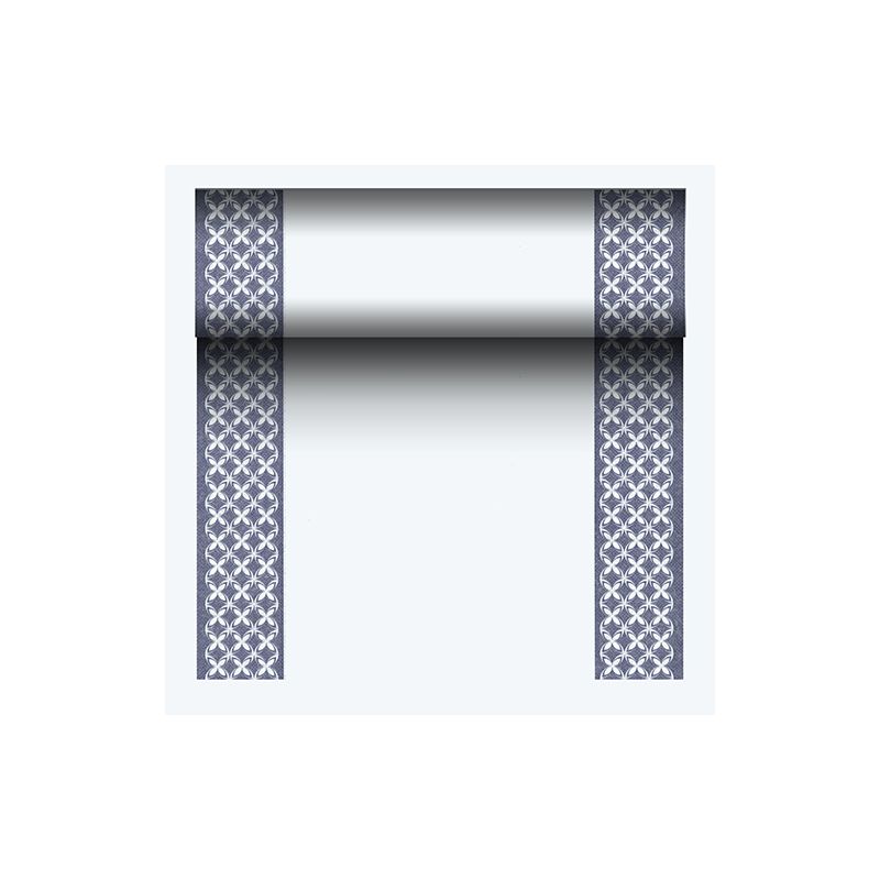 The PAPSTAR fabric-like table runner PV-Tissue Mix, "ROYAL Collection" from PAPSTAR GmbH, is made of a high-quality pulp-viscose-tissue mix. It features two narrow dark blue borders with a repeating X pattern, against an elegantly white center. Perfect for adding sophistication to any setting.
