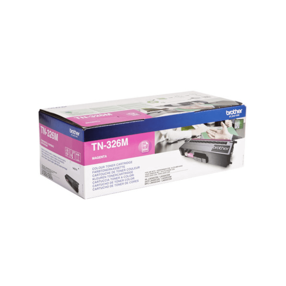 Eine Schachtel Magenta-Tonerkartusche Brother TN-326M vor weißem Hintergrund mit Produkt- und Markeninformationen, geeignet für die Drucker HL-L8250/MFC-L8600.