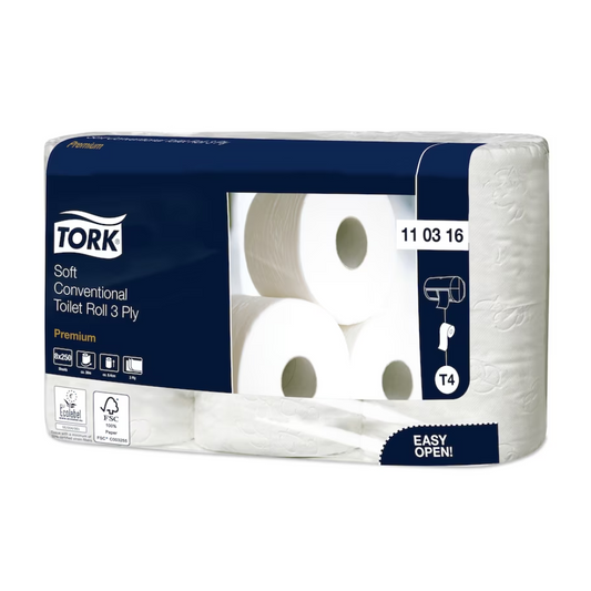 Das Bild zeigt eine Packung TORK Tork 110316 extra weiches Kleinrollen Toilettenpapier Premium T2 3-lagig | Karton (9 Packungen). Die Verpackung ist hauptsächlich dunkelblau und weiß mit Produktinformationen und Logos, darunter „Easy Open!“ und „Premium“. Außerdem sind ein T4 und ein Datum aufgedruckt: 11 03 16.