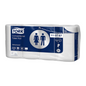 The Tork 110767 small roll toilet paper Advanced T4, brand TORK – Essity Professional Hygiene Germany GmbH, is available in a blue and white design with symbols indicating suitability for men's and women's toilets. This package contains six soft toilet paper rolls.