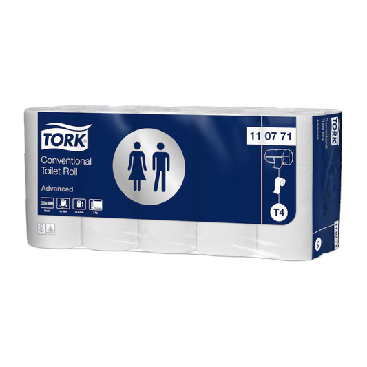 Eine Packung TORK 110771 Kleinrollen-Toilettenpapier Advanced T4 2-lagig | Karton (30 Packungen) mit der Aufschrift „Advanced 2-lagig“. Die Verpackung ist hauptsächlich blau und weiß und weist Symbole auf, die darauf hinweisen, dass sie für herkömmliche Toilettenpapierspender (T4-System) geeignet ist. Die Packung enthält sechs Rollen Kleinrollen-Toilettenpapier.