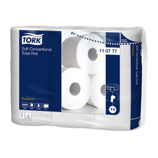 Eine Kunststoffverpackung von Tork 110777 weiches Kleinrollen-Toilettenpapier Premium T4 2-lagig | Karton (6 Packungen). Die blau-weiße Verpackung zeigt ein Bild von vier weißen Toilettenpapierrollen. Die Produktinformationen umfassen „Premium 2-lagig“ zusammen mit Symbolen, die Merkmale wie Weichheit und Effizienz angeben, was es zu einer Top-Wahl für Kleinrollen-Toilettenpapier macht.