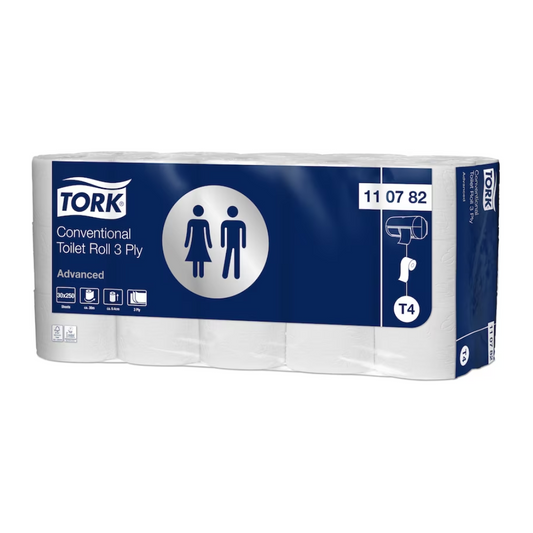 Abgebildet ist eine Packung TORK Tork 110782 extra weiches Kleinrollen Toilettenpapier Advanced T4 3-lagig | Karton (30 Rollen). Die Verpackung ist weiß und blau und zeigt Symbole, die 3-lagig und Toilettentypen angeben. In der Packung sind acht Rollen zu sehen, die extra weiches Toilettenpapier für ultimativen Komfort versprechen.