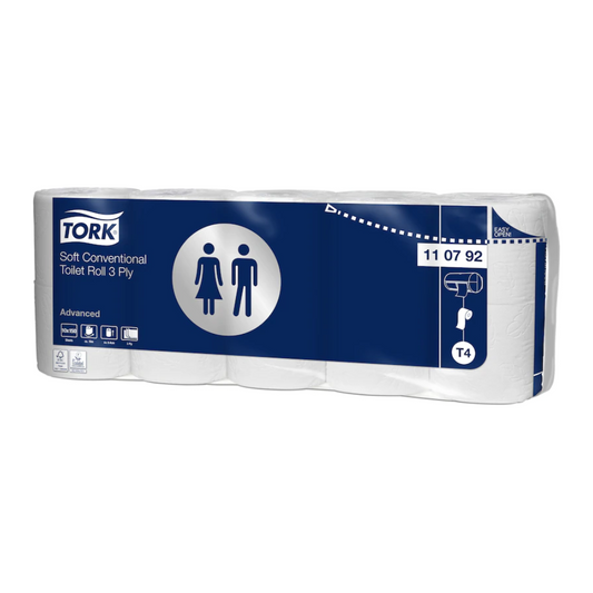 Eine Packung TORK 110792 weiches Kleinrollen Toilettenpapier Advanced T4 3-lagig | Karton (7 Packungen), enthält vier Rollen. Die Verpackung ist hauptsächlich dunkelblau und weiß und zeigt ein Toilettensymbol für Männer und Frauen sowie Produktdetails wie die Nummer 11 07 92 und T4.
