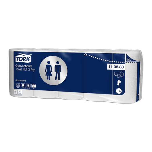 Eine Packung TORK 110883 extra weiches Kleinrollen Toilettenpapier Advanced T4 3-lagig | Karton (7 Packungen). Die überwiegend blau-weiße Verpackung zeigt ein vereinfachtes Symbol mit männlichen und weiblichen Figuren, was bedeutet, dass es für jeden geeignet ist. Die Packung enthält mehrere Rollen extra weiches Toilettenpapier.