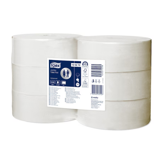 Vier große Rollen TORK Tork 120272 Jumbo Toilettenpapier Advanced T1 2-lagig | Karton (6 Rollen) sind in zwei Lagen gestapelt. Die vordere Rolle zeigt ein Produktetikett mit detaillierten Markeninformationen, Produkttyp und Zertifizierungen, mit einer hohen Kapazität von 1.135 Fuß pro Rolle. Die Verpackung ist in den Farben Weiß und Blau gehalten und das Toilettenpapier ist 2-lagig.
