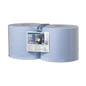 Two large rolls of Tork 130081 extra-strong industrial paper wipes Premium, packaged in transparent plastic, are ideal for removing oil, grease, and lubricants. The label contains product information, including the brand TORK – Essity Professional Hygiene Germany GmbH and detailed specifications. These wipes are suitable for use with Tork Maxi internal roll dispenser systems.