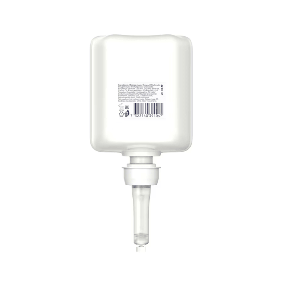 The image shows a white rectangular container with a floor nozzle, featuring text and a barcode. This Tork 420202 Sensitive Moisturizing Hand Sanitizer Premium from TORK – Essity Professional Hygiene Germany GmbH is ideal for dispensing moisturizing hand sanitizer gel and effectively combats pathogens.