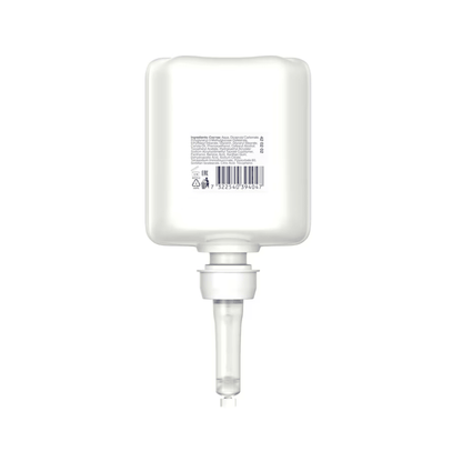 The image shows a white rectangular container with a floor nozzle, featuring text and a barcode. This Tork 420202 Sensitive Moisturizing Hand Sanitizer Premium from TORK – Essity Professional Hygiene Germany GmbH is ideal for dispensing moisturizing hand sanitizer gel and effectively combats pathogens.