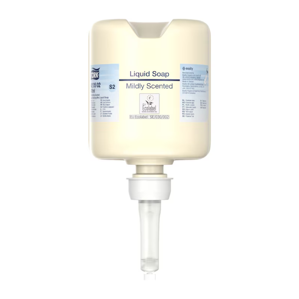 Ein beigefarbener Spenderbehälter mit der Aufschrift „Tork 420502 Mini Flüssigseife, Mild-Duftend“ mit einem Volumen von 475 ml verfügt über eine praktische Pumpe. Dieses Produkt von TORK – Essity Professional Hygiene Germany GmbH ist für eine hervorragende Händehygiene konzipiert und mit verschiedenen Markierungen und Logos versehen, darunter ein „Ecolabel“, das für umweltfreundliche Hautpflege wirbt.