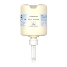 Ein beigefarbener Spenderbehälter mit der Aufschrift „Tork 420502 Mini Flüssigseife, Mild-Duftend“ mit einem Volumen von 475 ml verfügt über eine praktische Pumpe. Dieses Produkt von TORK – Essity Professional Hygiene Germany GmbH ist für eine hervorragende Händehygiene konzipiert und mit verschiedenen Markierungen und Logos versehen, darunter ein „Ecolabel“, das für umweltfreundliche Hautpflege wirbt.