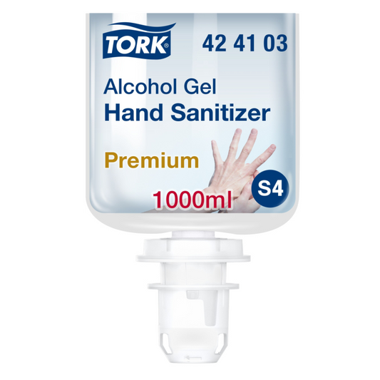 Bild einer TORK-Marke Tork 424103 Händedesinfektionsgel S4 | Karton (6 Flaschen) Handdesinfektionsmittel-Nachfüllpackung. Auf dem Etikett steht „Alcohol Gel Hand Sanitizer – Premium“ mit einem Volumen von „1000 ml“ und der Modellnummer „42 41 03“. Der Spender enthält 80 % denaturierten Alkohol, ist mit „S4“ gekennzeichnet und zeigt, wie die Hände für eine effektive Hygiene desinfiziert werden.