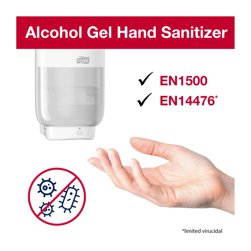 A person's hand is placed under a dispenser for Tork 424103 hand sanitizer gel S4, featuring the branding of TORK – Essity Professional Hygiene Germany GmbH. The image shows check marks next to “EN1500” and “EN14476*”, accompanied by virus symbols and a note on “*limited virucidal”, which guarantees protection against pathogens.