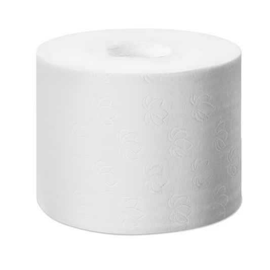 Eine einzelne weiße Rolle TORK Tork 472139 extra weiches hülsenloses Midi Toilettenpapier Premium T7 3-lagig | Karton (18 Rollen) mit einem dezenten eingeprägten Blättermuster, vor einem schlichten weißen Hintergrund.