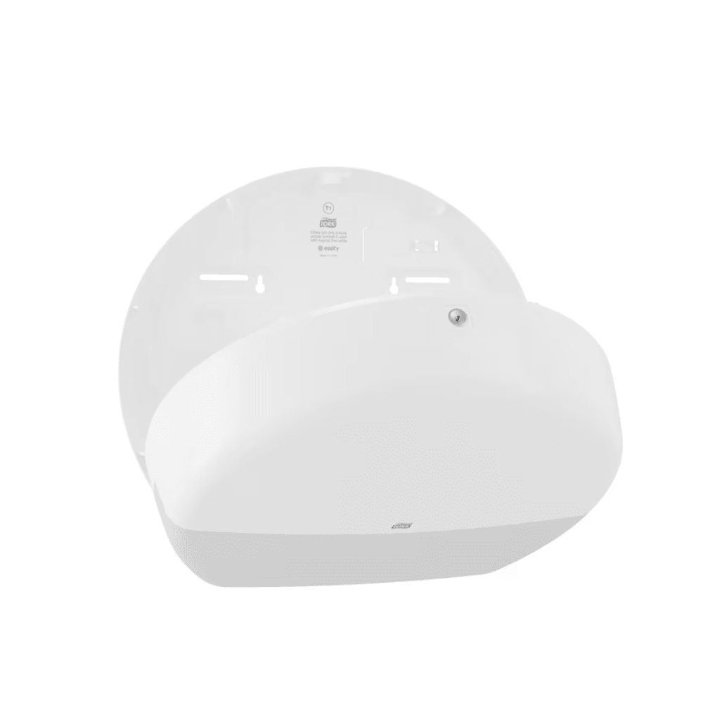 Der Tork 554000 Spender für Jumbo-Toilettenpapier Elevation T1, der für Waschräume mit hoher Besucherfrequenz konzipiert wurde, ist ein weißer, wandmontierter Spender mit abgerundeter Abdeckung. Der Spender ist offen dargestellt, um sein Innenfach zu zeigen, das Kerben und Löcher für eine einfache Installation aufweist. Er ist eine ausgezeichnete Wahl für die effiziente Handhabung von Jumbo-Toilettenpapier.