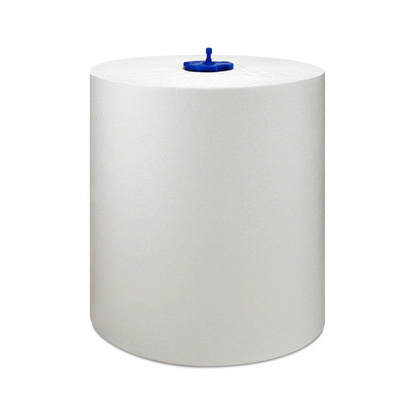 A large, cylindrical roll of white paper towel with a blue center spool stands upright against a plain white background. The Tork Matic® 290059 extra-long roll towel Universal H1 1-ply by TORK – Essity Professional Hygiene Germany GmbH fits perfectly in any environment and offers exceptional quality and comfort.