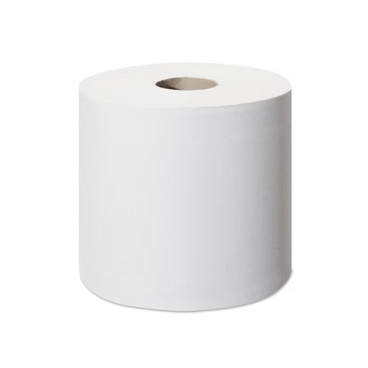 Eine Rolle weißes Toilettenpapier ist vor einem weißen Hintergrund abgebildet. Das Tork SmartOne® 472193 Mini Toilettenpapier Advanced T9 2-lagig | Karton (12 Rollen) ist zylindrisch und weist in der Mitte einen hohlen Kartonkern auf, der eine hygienische Einzelblattentnahme für optimale Sauberkeit ermöglicht.