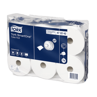 A box of Tork SmartOne® toilet paper, designed for hygienic single-sheet dispensing, comes in transparent packaging that reveals the six white rolls. The label displays product details in an elegant blue-and-white design by TORK – Essity Professional Hygiene Germany GmbH.