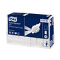 A pack of Tork Xpress® 120398 soft multifold hand towels Advanced H2 2-ply, featuring a design with hands on the towels and blue and white elements, made from recycled fibers and with 21 packs per carton.