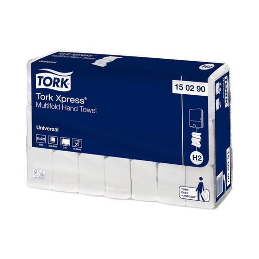 Eine blau-weiße Packung TORK Tork Xpress® 150290 Multifold-Handtücher Universal H2 2-lagig 25,5cm | Karton (21 Packungen). Auf der Verpackung ist eine Grafik zu sehen, die die Ausgabe der Multifold-Handtücher zeigt, zusammen mit verschiedenen Symbolen, die ihre Funktionen angeben.