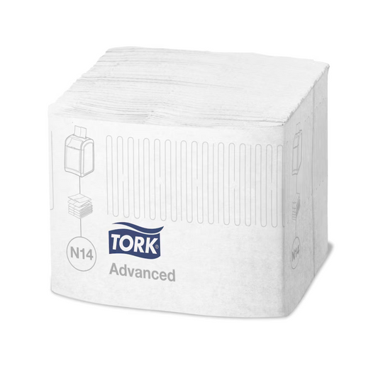 Eine Großpackung Tork Xpressnap Fit® Spenderserviette N14 1-lagig in weiß. Die Verpackung trägt ein blau-weißes TORK-Logo und ist mit dem Code „N14“ gekennzeichnet. Auf den Seiten der Verpackung sind Abbildungen von Serviettenspendern aufgedruckt.