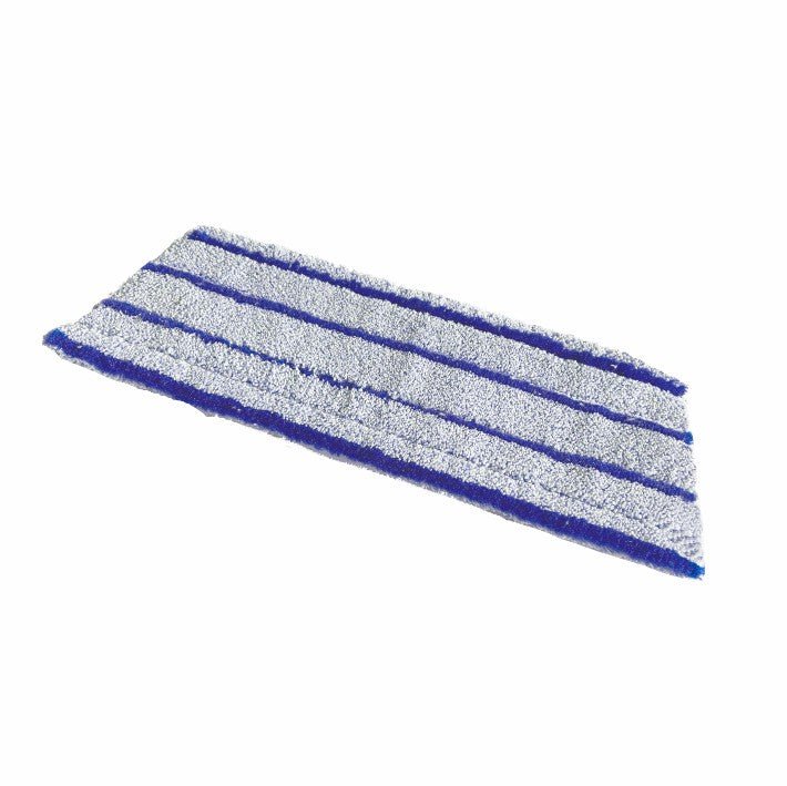 The Arcora Ultra Runner Blue Velcro mop cover from Arcora International GmbH is a rectangular blue and white microfiber mop cover with parallel blue stripes, designed for professional cleaning systems and effective floor cleaning. Pictured on a white background.