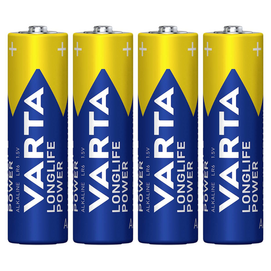 Vier vertikal aufgereihte Varta AG Industrial Pro Mignon AA-Batterien mit blauen und gelben Markenetiketten.
