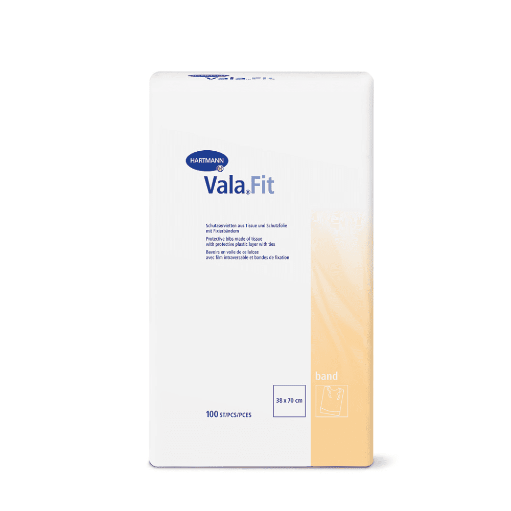 Eine Schachtel Vala® Fit Band Einmal-Kleidungsschutz von Paul Hartmann AG mit einem klaren Design in Blau und Weiß. Die Schachtel enthält die Angabe „100 Streifen/Stück“ und eine Abbildung einer bandagierten Hand.