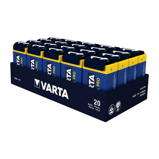 Eine Packung mit 20 Varta Industrial Pro 4022 9V E-Block-Batterien, angeordnet in einem blau-schwarzen Karton, auf dem die Marke Varta AG, die Batteriegröße und die Spannungsinformationen deutlich zu sehen sind.