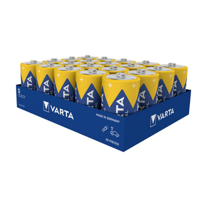 A blue tray contains 20 Varta Industrial 4014 Pro Baby C LR14 1.5V batteries from Varta AG with yellow caps, blue labels, and the Varta logo. The tray reads "20 pieces", "made in Germany" and the compatibility of the Baby C battery.