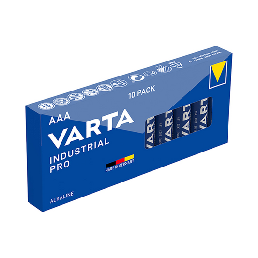 Eine 10er-Packung Varta Industrial Pro Micro Batterie 4003 LR03 AAA - 10er-Pack | Packung (10 Stück) in einer blauen Box, beschriftet mit der Marke und Produktinformationen. Die Verpackung enthält ein „Made in Germany“-Etikett, das die professionellen Batterien für zuverlässige Leistung hervorhebt.