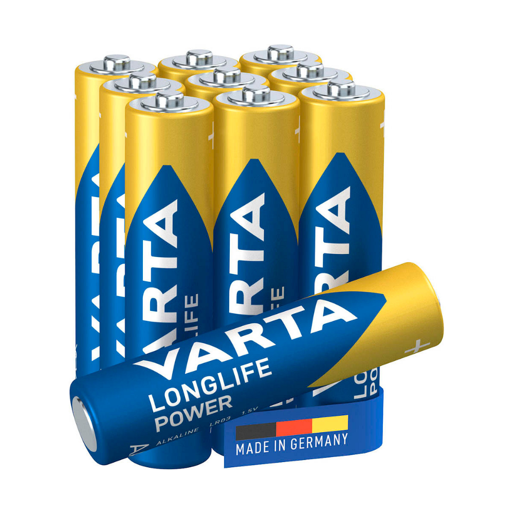 Eine Gruppe von zehn Varta Industrial Pro Micro Batterie 4003 LR03 AAA - 10er-Pack | Packung (10 Stück) Batterien ist in Reihen angeordnet, wobei eine Batterie vorne platziert ist. Sie sind blau und gelb mit dem Aufdruck „Made in Germany“ auf der Vorderseite der Batterie und zeigen die gleiche Qualität, die Sie von Varta AG erwarten.