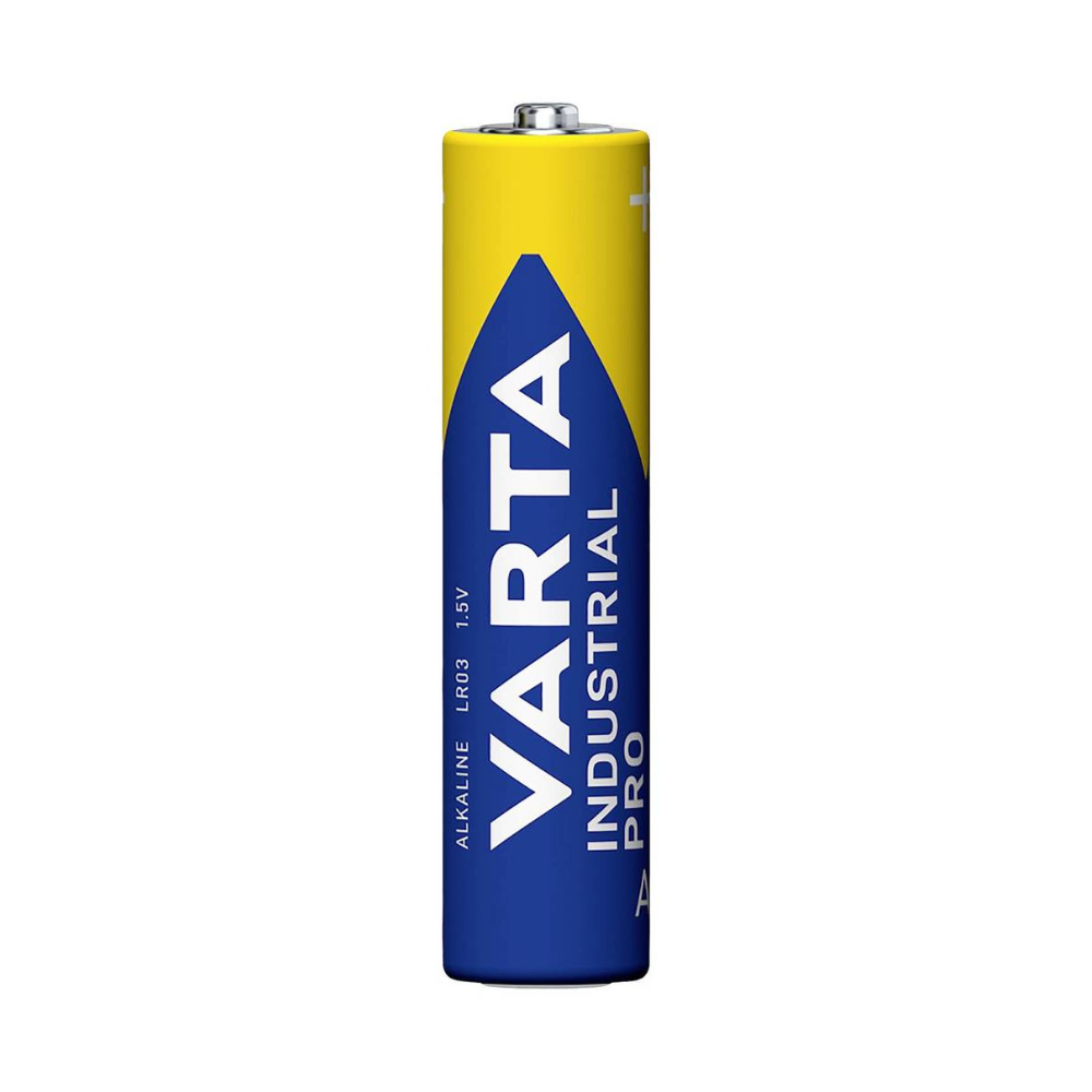Ein Bild einer Varta Industrial Pro Micro Batterie 4003 LR03 AAA - 10er-Pack | Packung (10 Stück) von Varta AG, perfekt für alle, die professionelle Batterien benötigen. Die Batterie hat eine gelbe Oberseite und eine blaue Unterseite mit der Aufschrift „Varta Industrial Pro“ in weißer Schrift auf dem blauen Abschnitt.