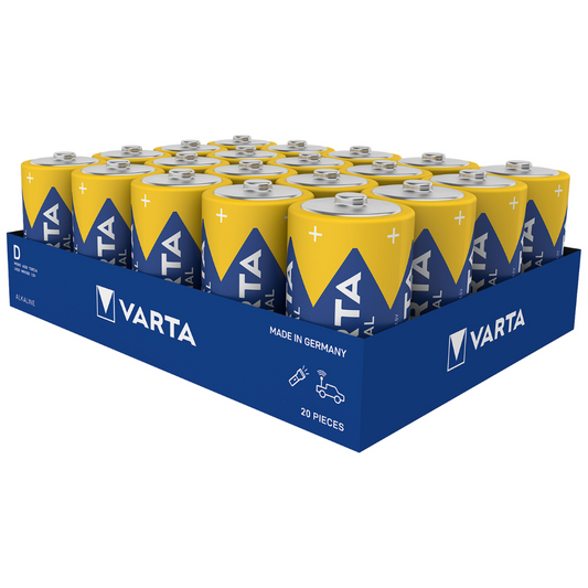 Eine Packung mit 20 Varta AG Industrial Pro Mono D Batterie 4020 LR20-Batterien, jede mit einem gelb-blauen Design mit dem Markennamen und dem Text „Made in Germany“, präsentiert in einer blauen offenen Schachtel.
