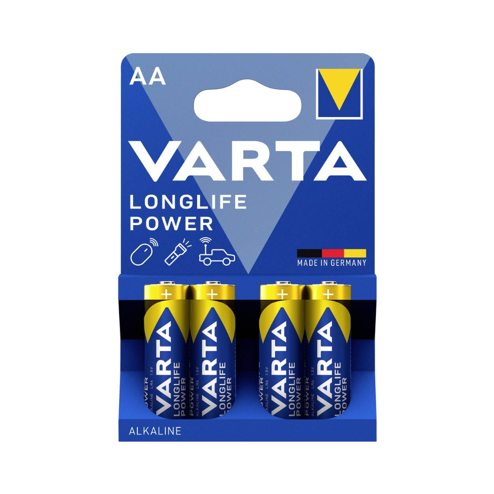 Eine blau-gelbe Viererpackung Varta AG Varta Longlife Power 4906 AA Batterie LR6 - 4 Stück in Folie | Packung (4 Stück), Aufschrift „Longlife Power“. Auf der Verpackung steht „Made in Germany“ und es sind Icons für unterschiedliche Verwendungszwecke wie Spielzeug und kleine Geräte mit hohem Energieverbrauch abgebildet.