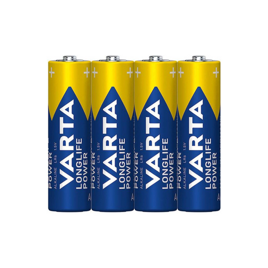 Vier Varta Longlife Power 4906 AA Batterie LR6 - 4 Stück in Folie | Packung (4 Stück) von Varta AG sind in einer Reihe angeordnet. Die Batterien sind blau und gelb und tragen das Varta-Logo sowie einen Text, der ihren Typ und ihre Leistungsaufnahme angibt, wodurch sie ideal für Geräte mit hohem Energieverbrauch sind.
