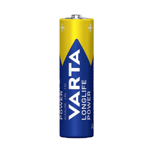Eine Varta Longlife Power 4906 AA Batterie LR6 - 4 Stück in Folie | Packung (4 Stück) von Varta AG mit blau-gelbem Design. Der Text „Varta Longlife Power“ ist in Weiß auf dem blauen Teil aufgedruckt und oben auf der Batterie ist ein Pluszeichen sichtbar. Ideal für Geräte mit hohem Energieverbrauch, garantiert es lang anhaltende Leistung.