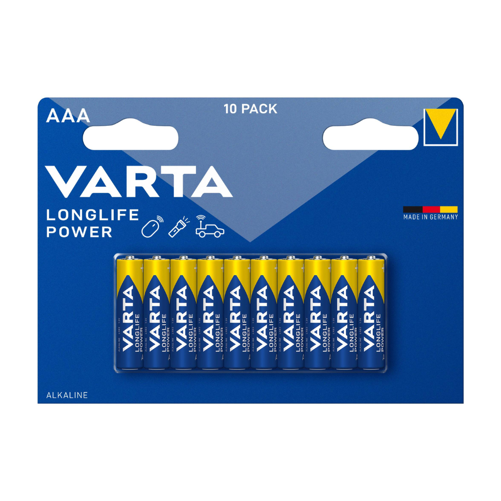 Eine 10er-Packung Varta AG Longlife Power Micro AAA-Batterien, präsentiert in einer blau-gelben Kartonverpackung, beschriftet mit Marke und Batteriegröße, konzipiert für hohen Energiebedarf.