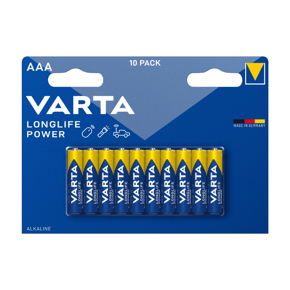 Eine 10er-Packung Varta AG Longlife Power Micro AAA-Batterien, präsentiert in einer blau-gelben Kartonverpackung, beschriftet mit Marke und Batteriegröße, konzipiert für hohen Energiebedarf.