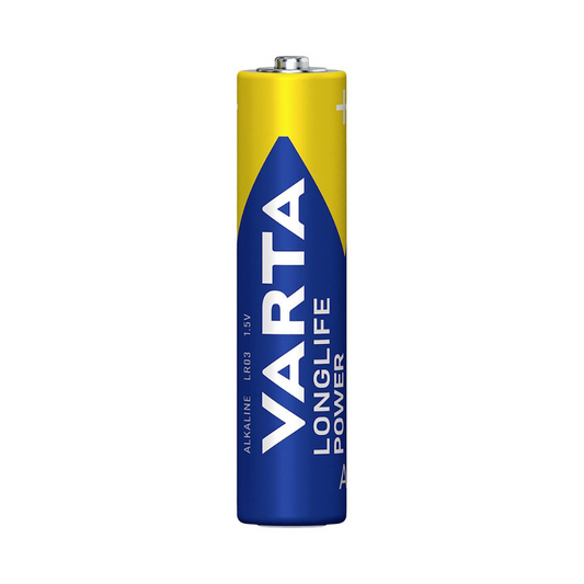 Eine einzelne Varta Longlife Power Micro AAA-Batterie. Die Batterie ist überwiegend blau mit einem großen blauen Dreieck und gelben Akzenten sowie dem Markenlogo und den Typendetails der Varta AG.