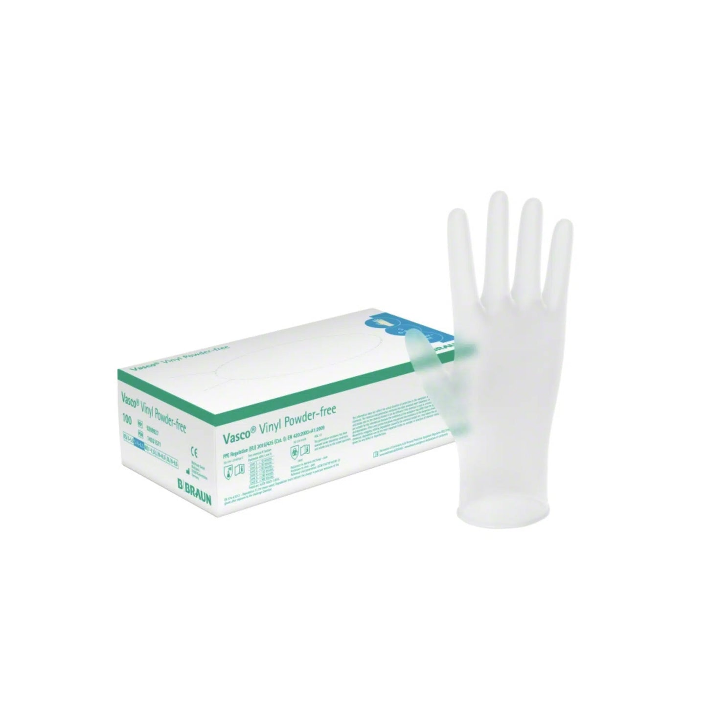 A box of B. Braun Vasco® Vinyl Powder-free disposable gloves is displayed, with a single glove standing upright next to it. The predominantly white packaging with green accents emphasizes chemical resistance, and various product details are printed on the box.